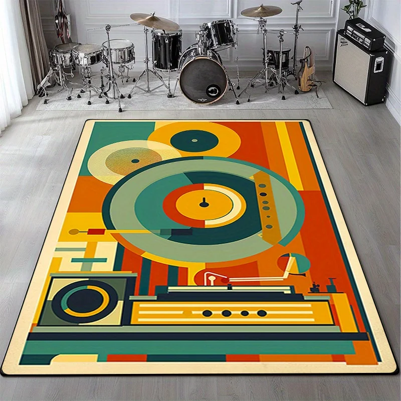 Vintage Record Player Retro Music Theme Non-Slip Floor Mat Washable Decorative Area Rug for Living Room Studio Office