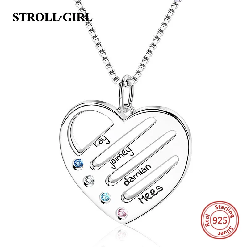 

Strollgirl 925 Sterling Silver Personalized Mother's Heart Necklace with 4 Birthstones & Names for Women Sterling Silver Jewelry