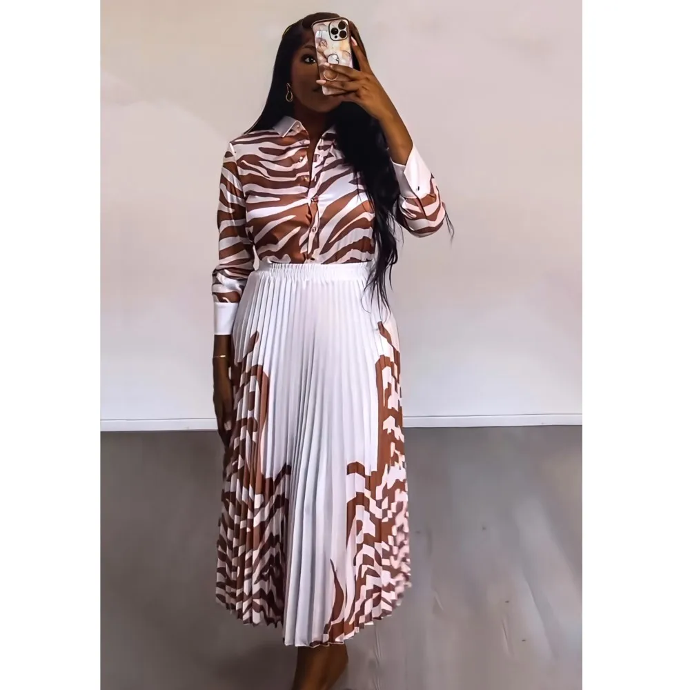 Falda camisera de manga larga con estampado de cebra para mujer, conjunto de falda de oficina informal plisada, holgada y elegante, 2 piezas, para primavera y verano
