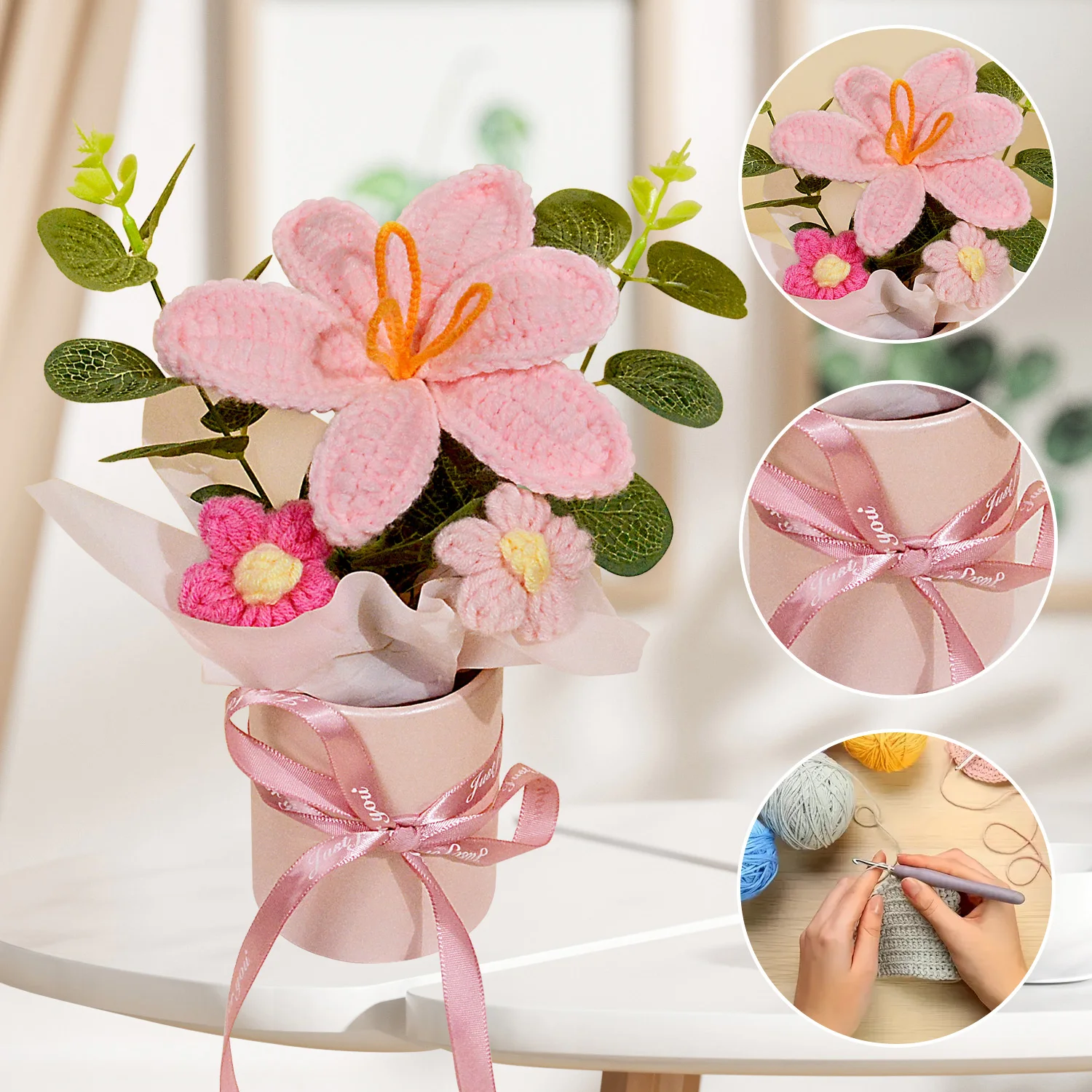 1 قطعة باقات زهرة الكروشيه اليدوية ، الكروشيه محبوك النسيج الوردي توليب باقة للديكور المنزل وهدية للمرأة زوجة أمي