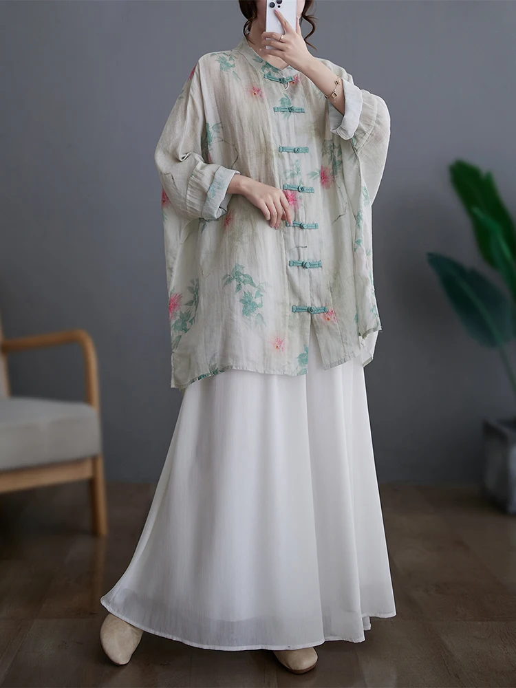 

Новый китайский Sle, национальный тренд, льняной принт, миди, большой размер, женский ранний осенний воротник-стойка, длинный ручной работы на пуговицах...