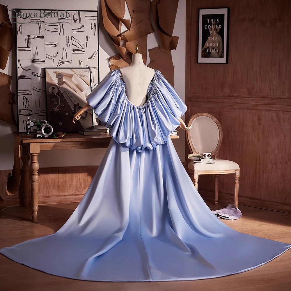 

Blue Satin Wedding Cape ,Puffy Short Shrug With Long Train ,Bridal Jacket ,Evening Shawl DJ542