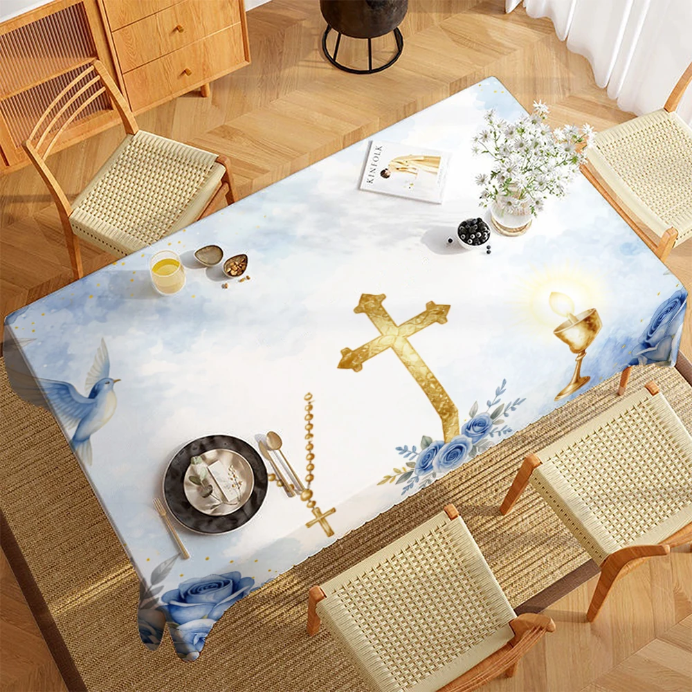 Linen 2D Flat Printed Cross Dove Table Cover Room Decor Party Supplies Table Covers For Dining Table Baptism First Communion
