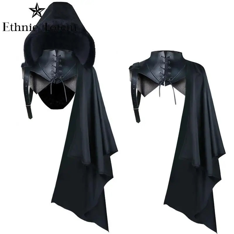 Middeleeuwse Pantser Zwarte Mantel Enkele Schouder Retro Cape Gothic Punk Veters Renaissance Kostuum Halloween Cosplay Capuchon Mantels