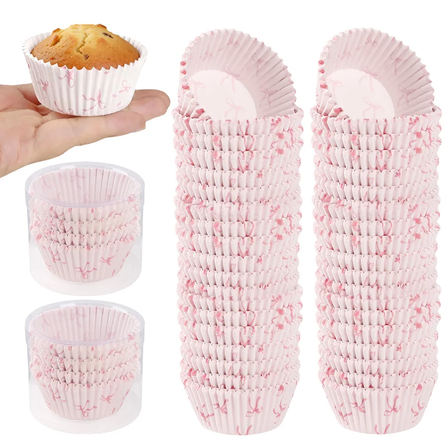 

100pcs Pink Bow Print Cupcake Paper Holder Greaseproof Baking Tools Cups Muffin Liners Baby Shower Birthday Dessert Table Decor
