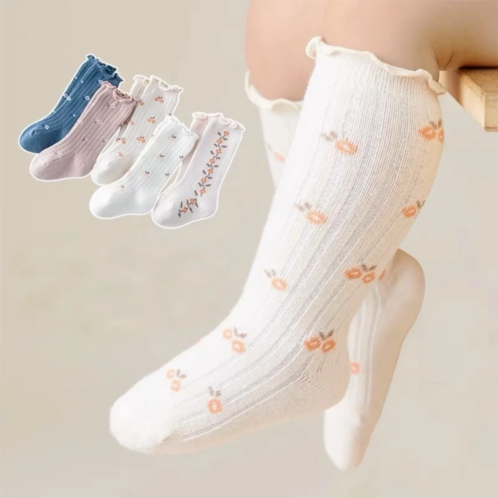

New 1-5 Pairs Autumn Baby Toddler Ruffle Long-staple Cotton Socks for Girls Mid-tube Knee Kawaii Girls Princess Flower Stockings