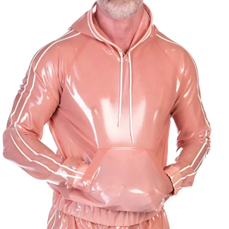 

Customized Shirt Transparent Pink White Latex Rubber Sexy Hooded Shirt With Front Pockets Stripes Club wear Fetish