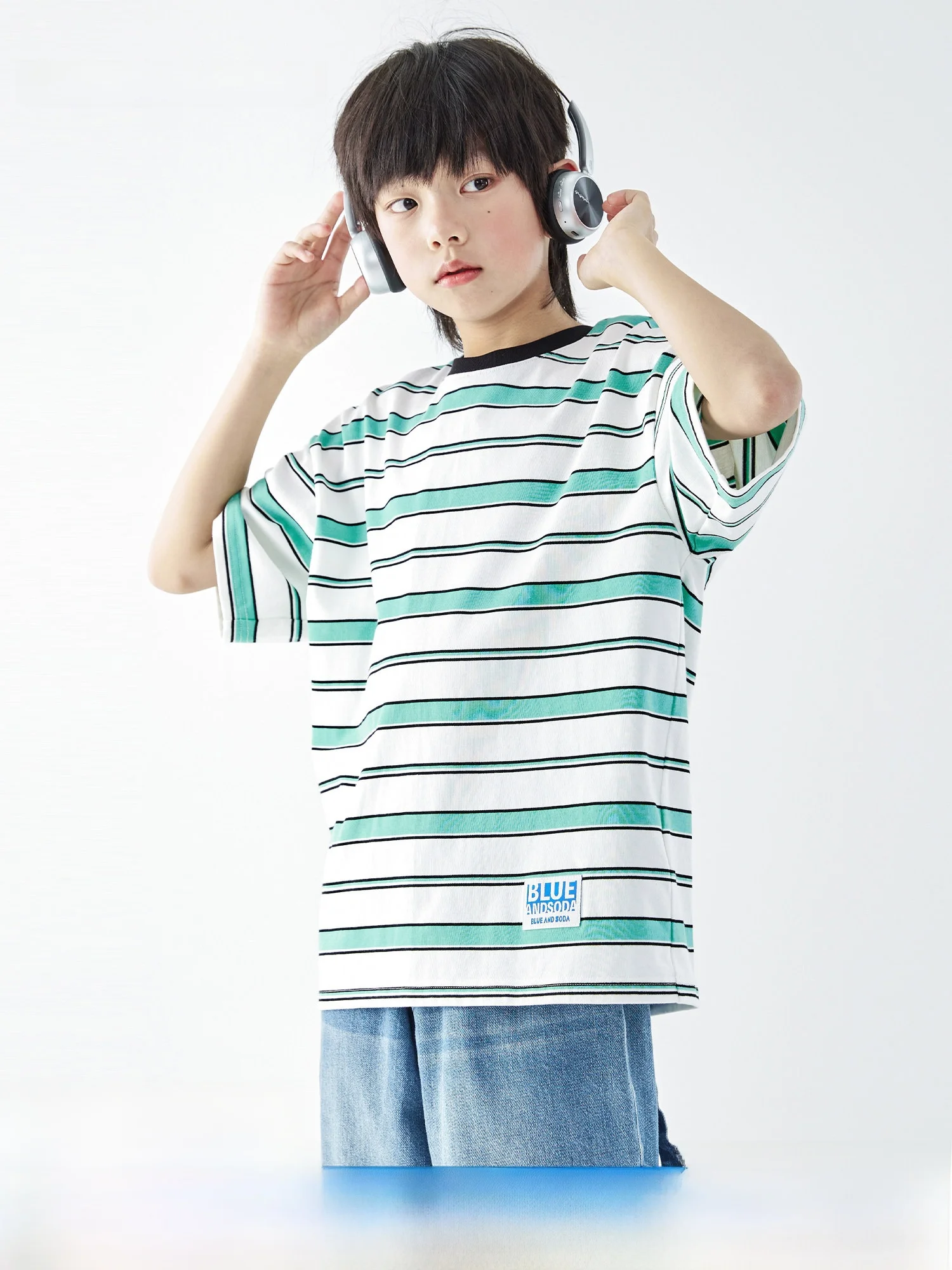 blue-soda-summer-2026-new-men's-children's-loose-fit-round-neck-short-sleeve-t-shirt-pure-cotton-casual-stripe-top-for-teens
