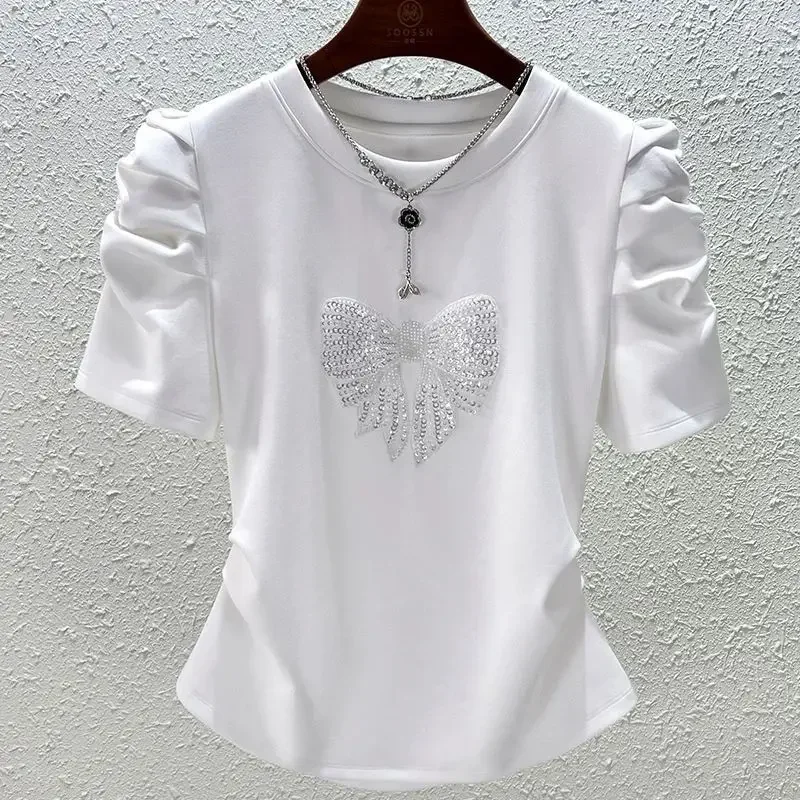

Women's 2025 Summer New Minimalist Commute Solid Color Patchwork Sequined Bow Ruched Chic Round Neck Short Sleeve T-shirts Tops