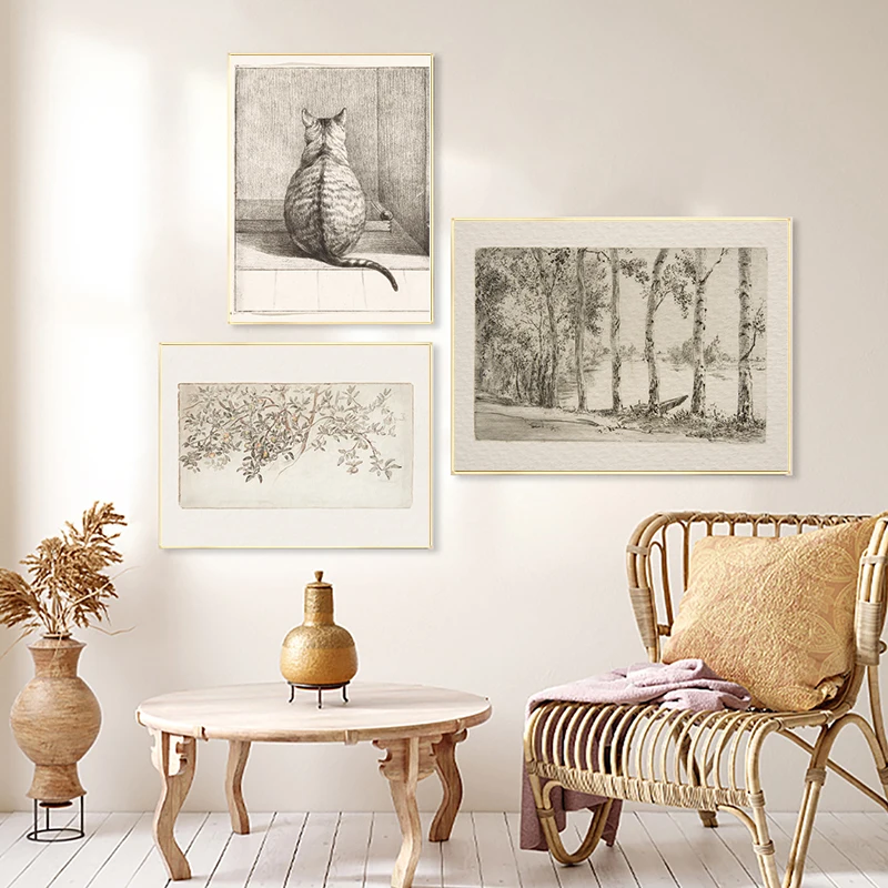 Vintage Apple Tree Sketch Prints Farmhouse Kitchen Wall Picture Antique Botanical Drawing Canvas Painting Rustic Country Decor