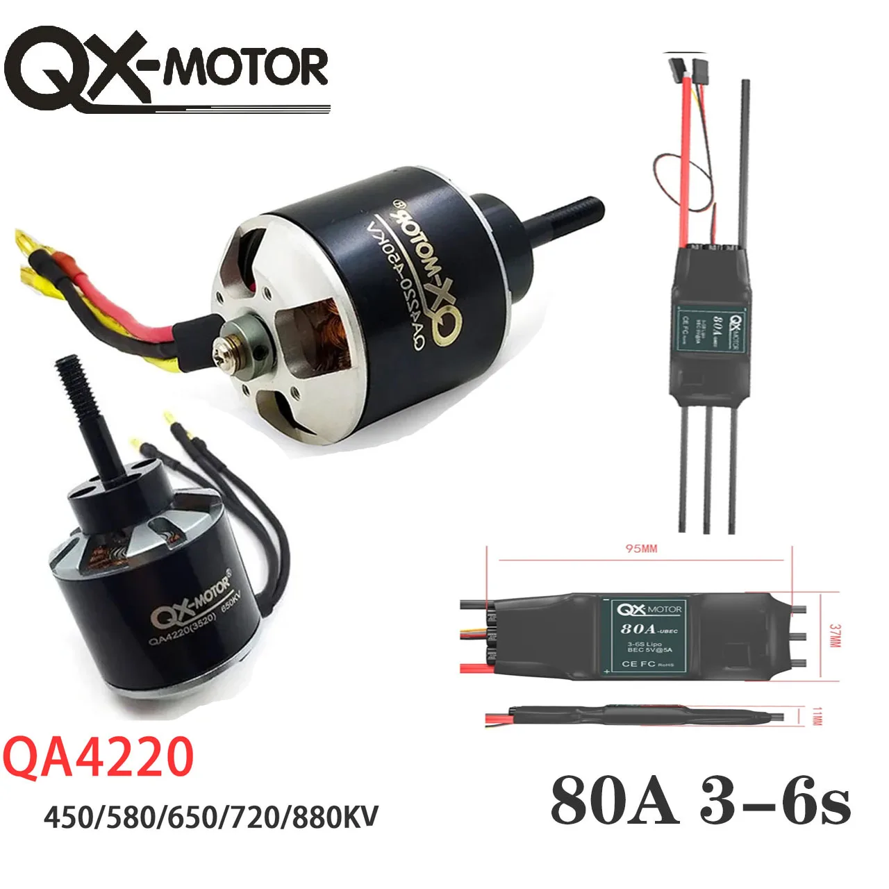 

QX-MOTOR QA4220(3520) -450/580/650/720/800kv Brushless Motor With 80A 3-6s ESC For RC Remote Control Toy Parts