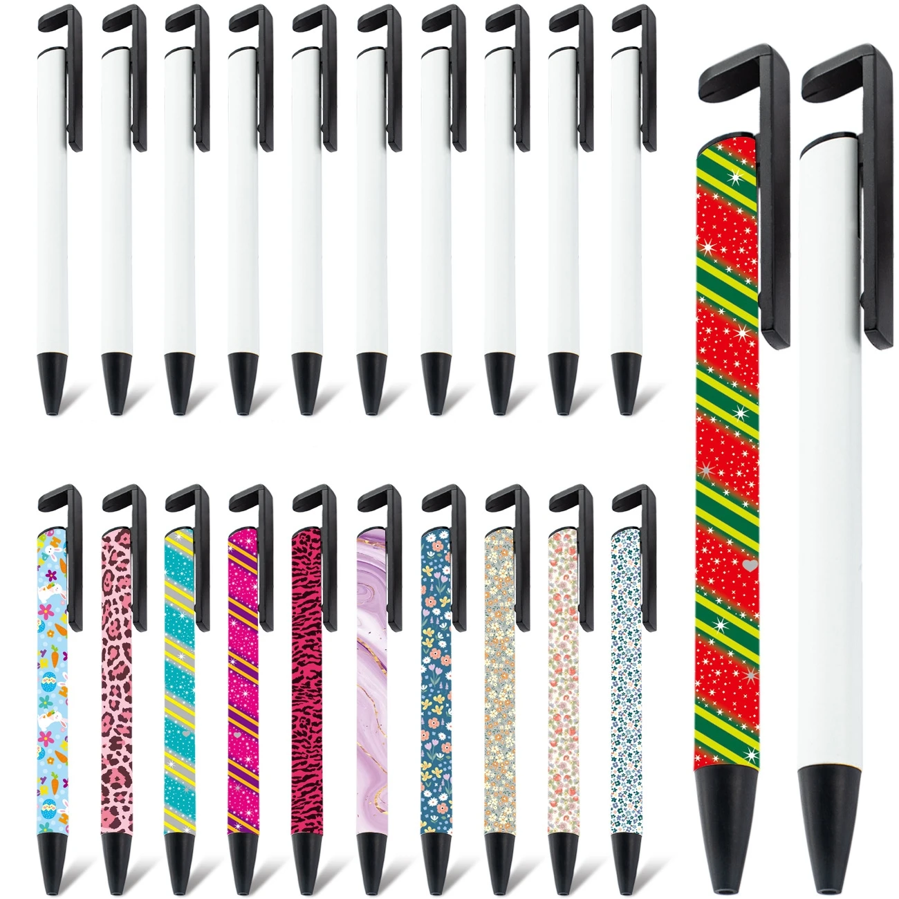 50Pcs DIY Sublimation Pens With Shrink films Blank Aluminum Tube Body Sublimation Ballpoint pens With Cellphone holder