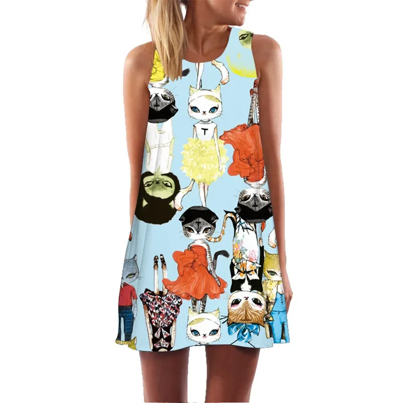 Neue frauen urlaub am meer kleid tier katze 3D digital print weste rock sommer casual frauen weste kleid