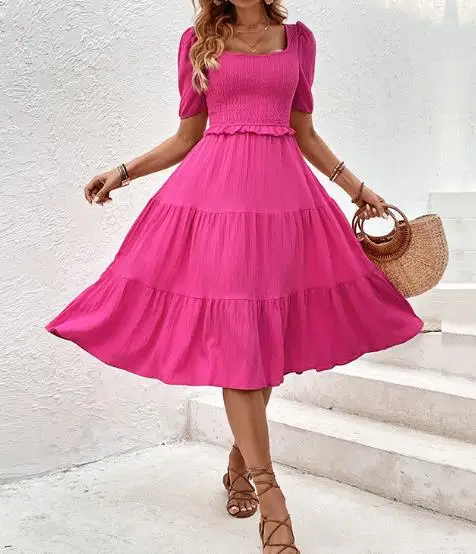 

Women's Dress Summer New Fresh and Sweet Girl Style Solid Color Round Neck Ruffle Edge Splicing Backless Lace Up Party Dress