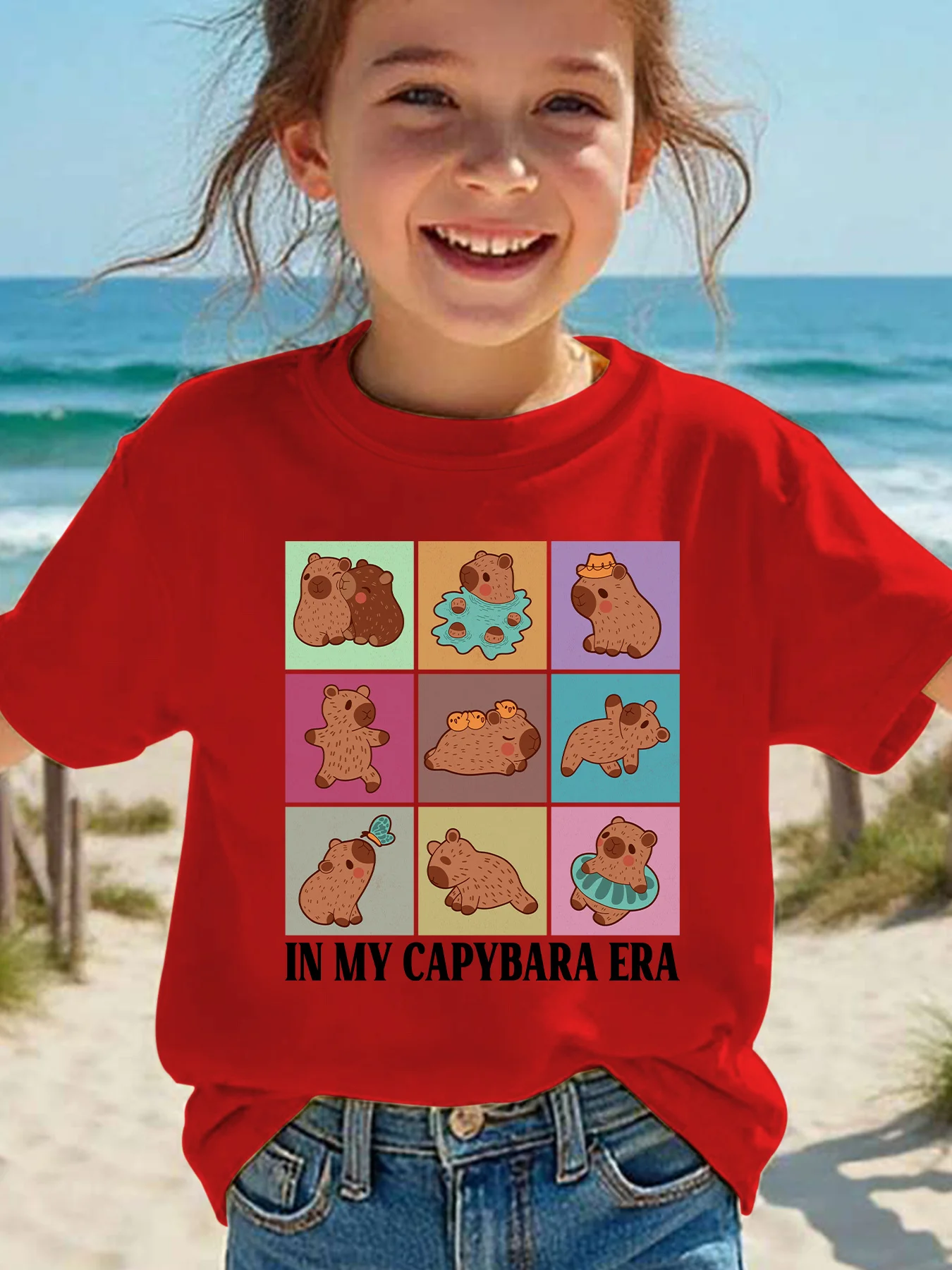 In My Capybara Era Cartoon Grid Animal Print Boys Girls Short Sleeve Tee Parent Match Soft Cotton Kids Summer Daily Casual Tees