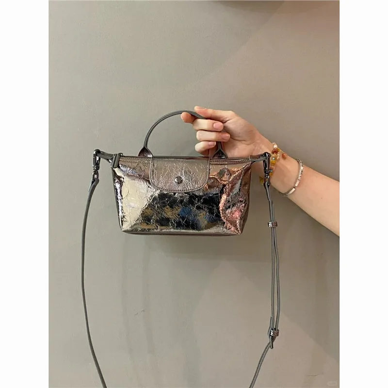 New 2024 cracked dumpling high-end single shoulder niche silver handbag versatile women\'s bag