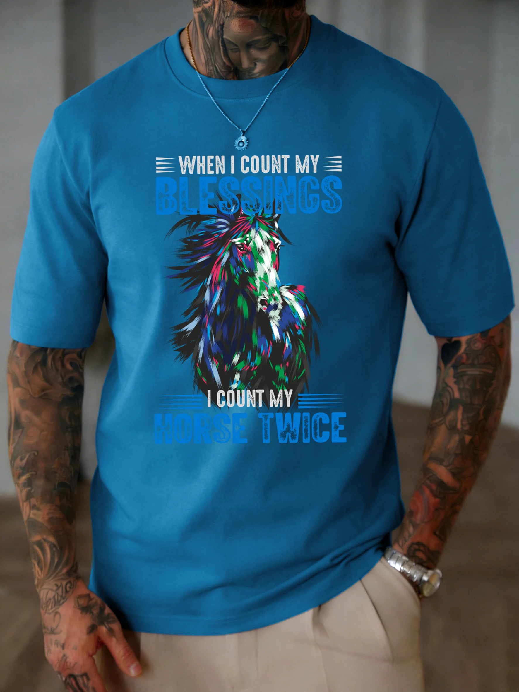 Blessings I Count My Horse Twice Design Short Sleeve Men Cotton Fashion O-Neck T-Shirt Soft Retro Top Unisex Summer Loose Tee