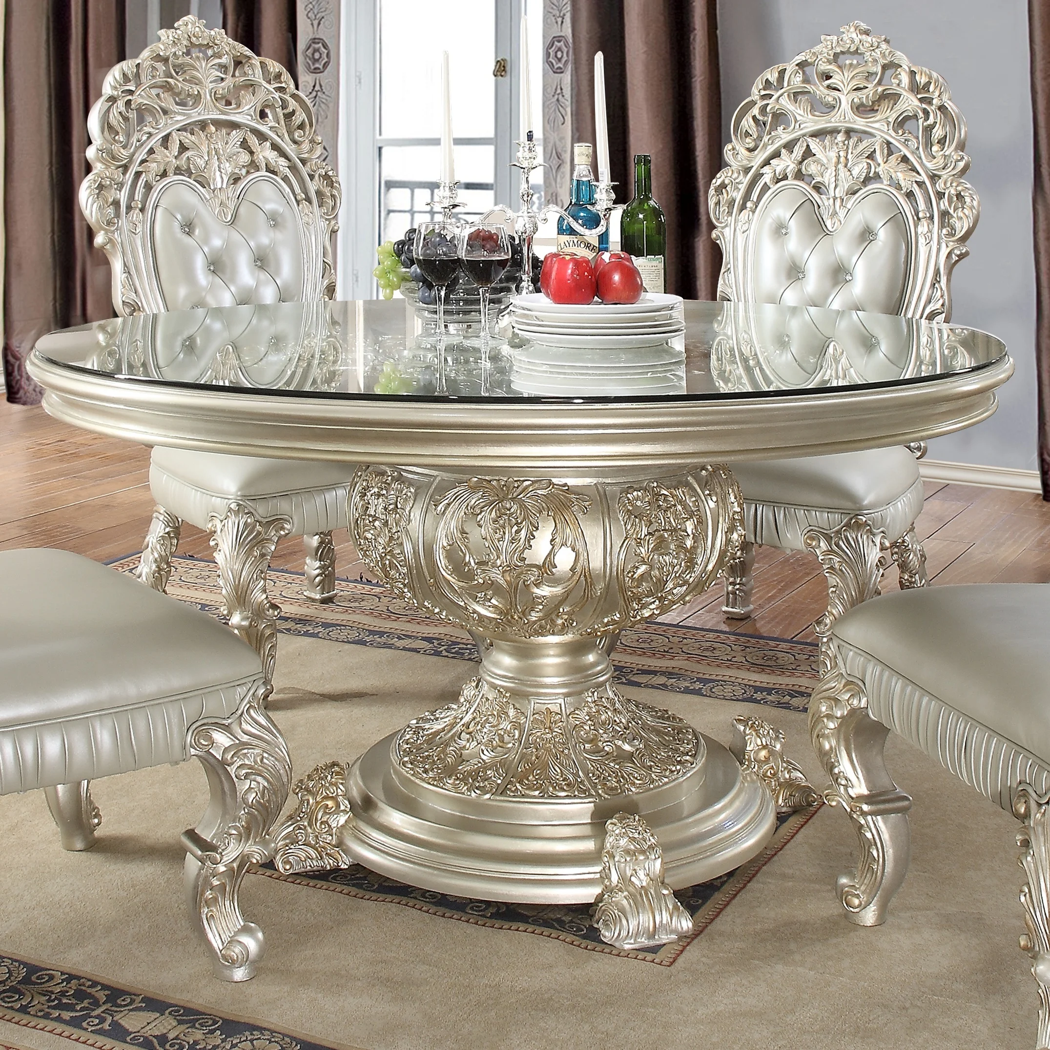 European villa gold leaf 150cm diameter wood engraved round dining table with glass top