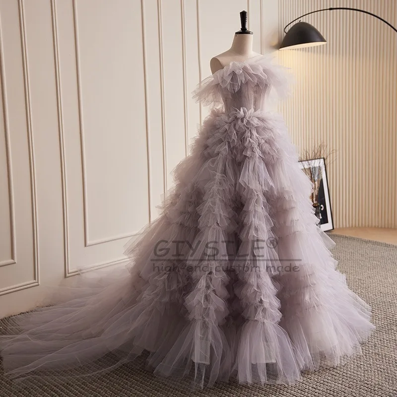 GIYSILE Abito da sera per banchetti viola rosa chiaro personalizzato Abito da sera con top a tubo senza maniche Gonna soffice a pieghe da principessa Coda piccola