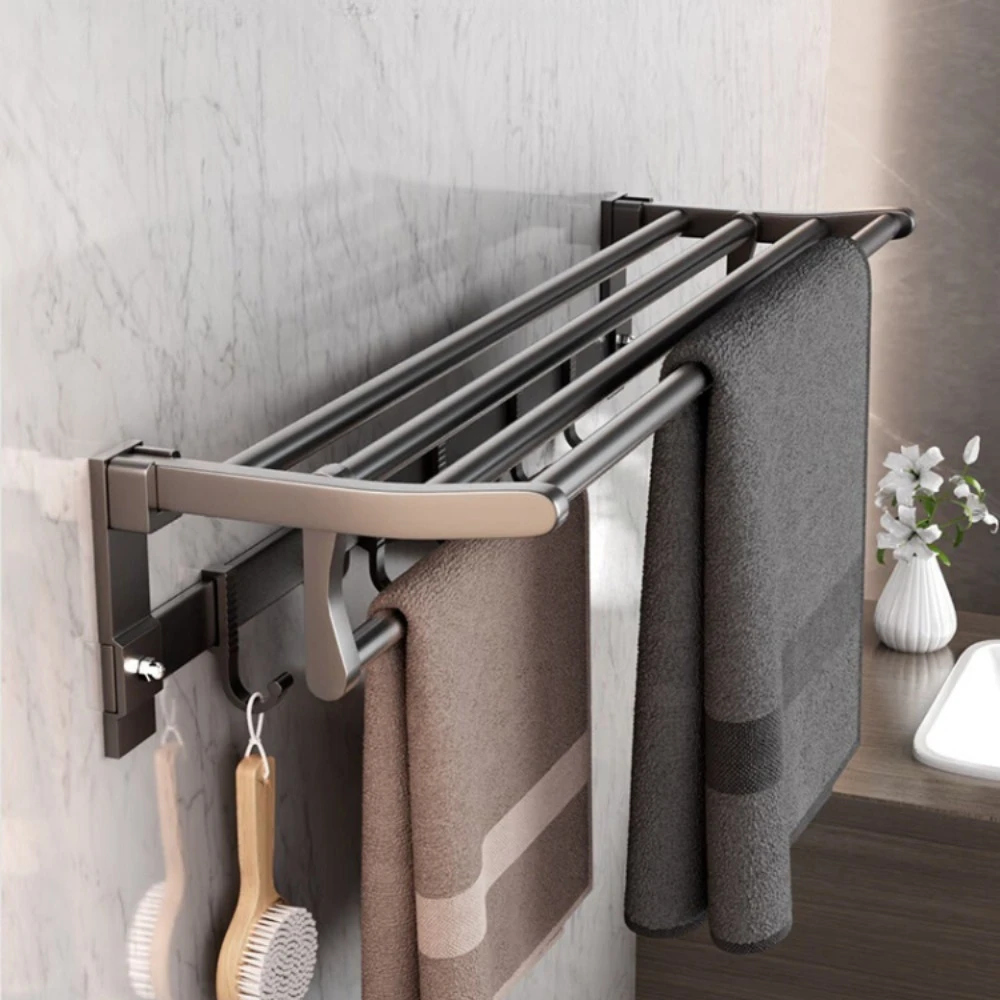 Space Aluminum Towel Rack 40-60CM Holder Movable Hook Wall Mount Shelf Gun Gray Shower Bar Hanger Rail Bathroom Accessories