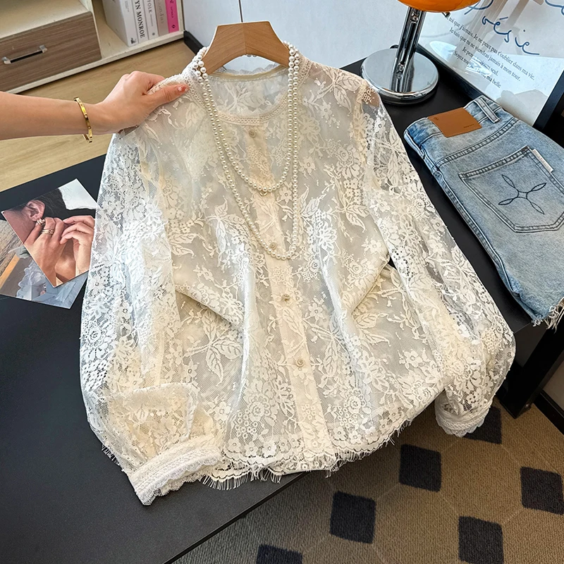 Loose Lace round Neck Base Shirt Women's White New Chinese Style National Trend Shirt Ethnic Stage Costume Top