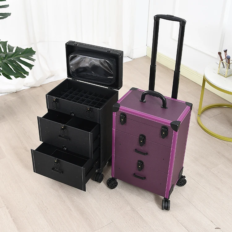 Professional Rolling Nail Case Organizer, Aluminum Trolley with Table, Salon Equipment Storage Box