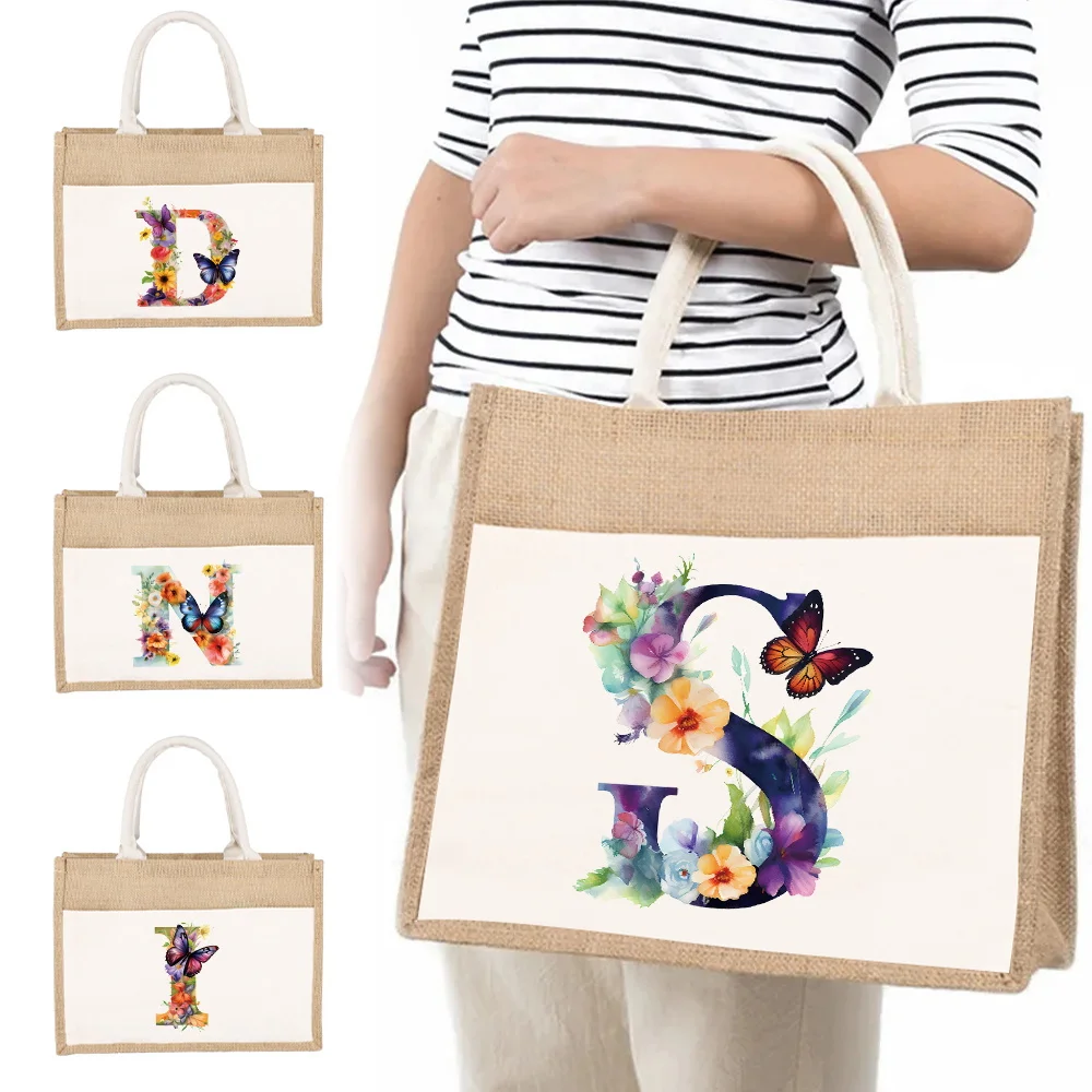 New Women's Shopping Bag Butterfly Letter Printing Pattern Linen Shoulder Bag Yellow Linen Imitation Burlap Commuting Handbag