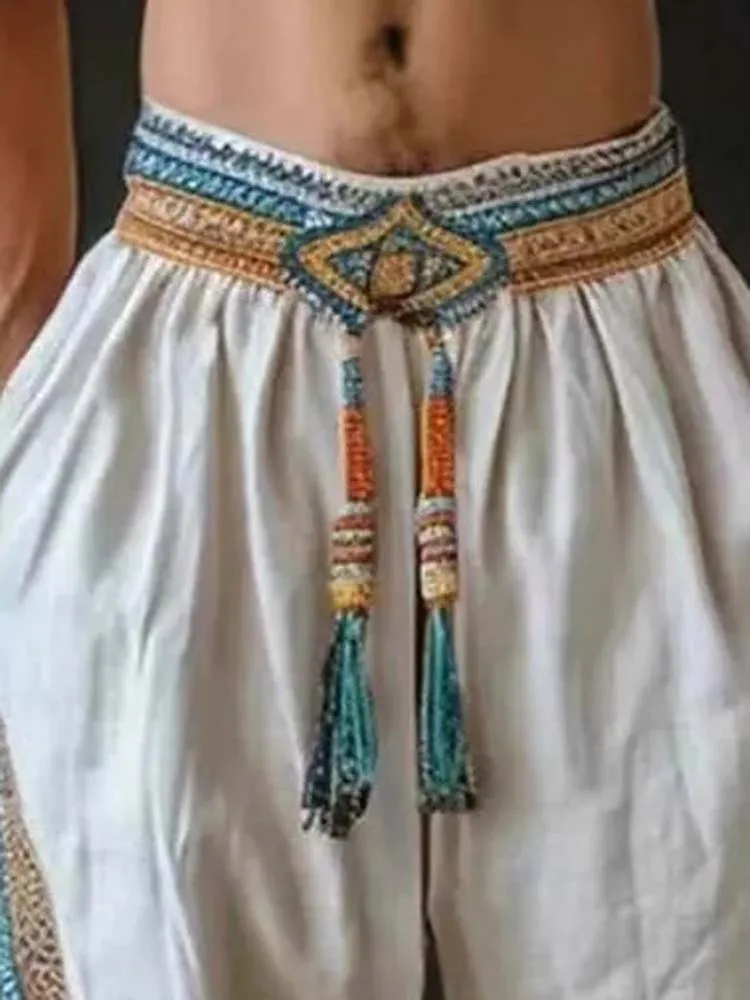 

Men's Tassel Elastic Waist Casual Beach Pants 2025 New Ethnic Linen Trendy Loose Printed Lace Comfort Cropped Pants Men's2025