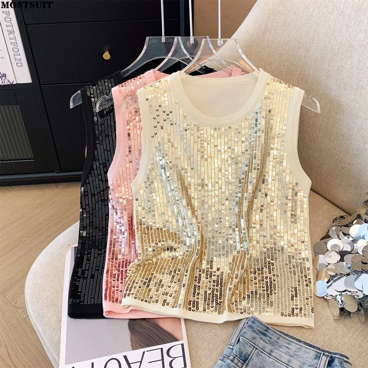 Sequins Stylish Knit Sweater Vests Women Tops Pullovers 2024 Summer Sleeveless Round Neck Elegant Fashion Chic Ladies Jumpers