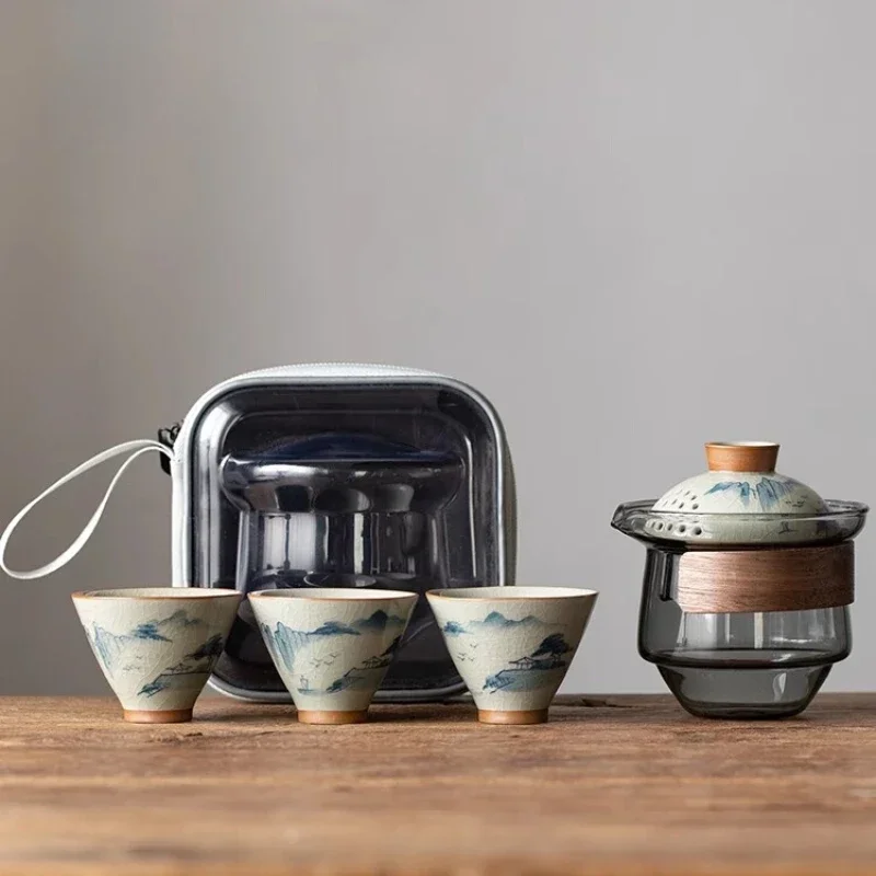 

Для чайника и чашки, ручная роспись, керамические чайные чашки, китайский стеклянный чайник, уличный портативный чайный сервиз, 1 горшок, 3 чашки, чайный сервиз кунг-фу