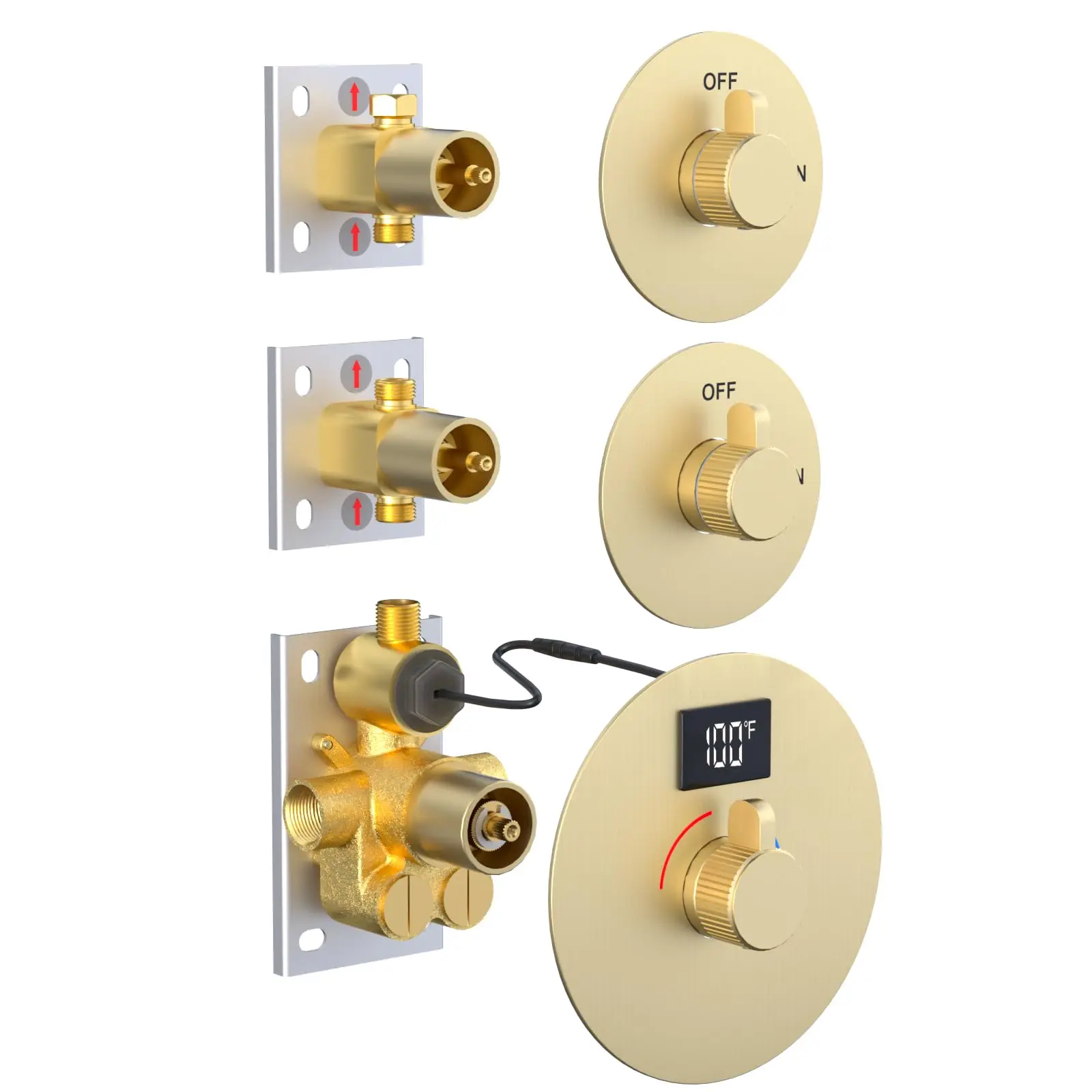 Shower Mixer Valve With Digital Temperature Display, 2 Way Flow Control Diverter Mixing Valve, Separate With Free Combination