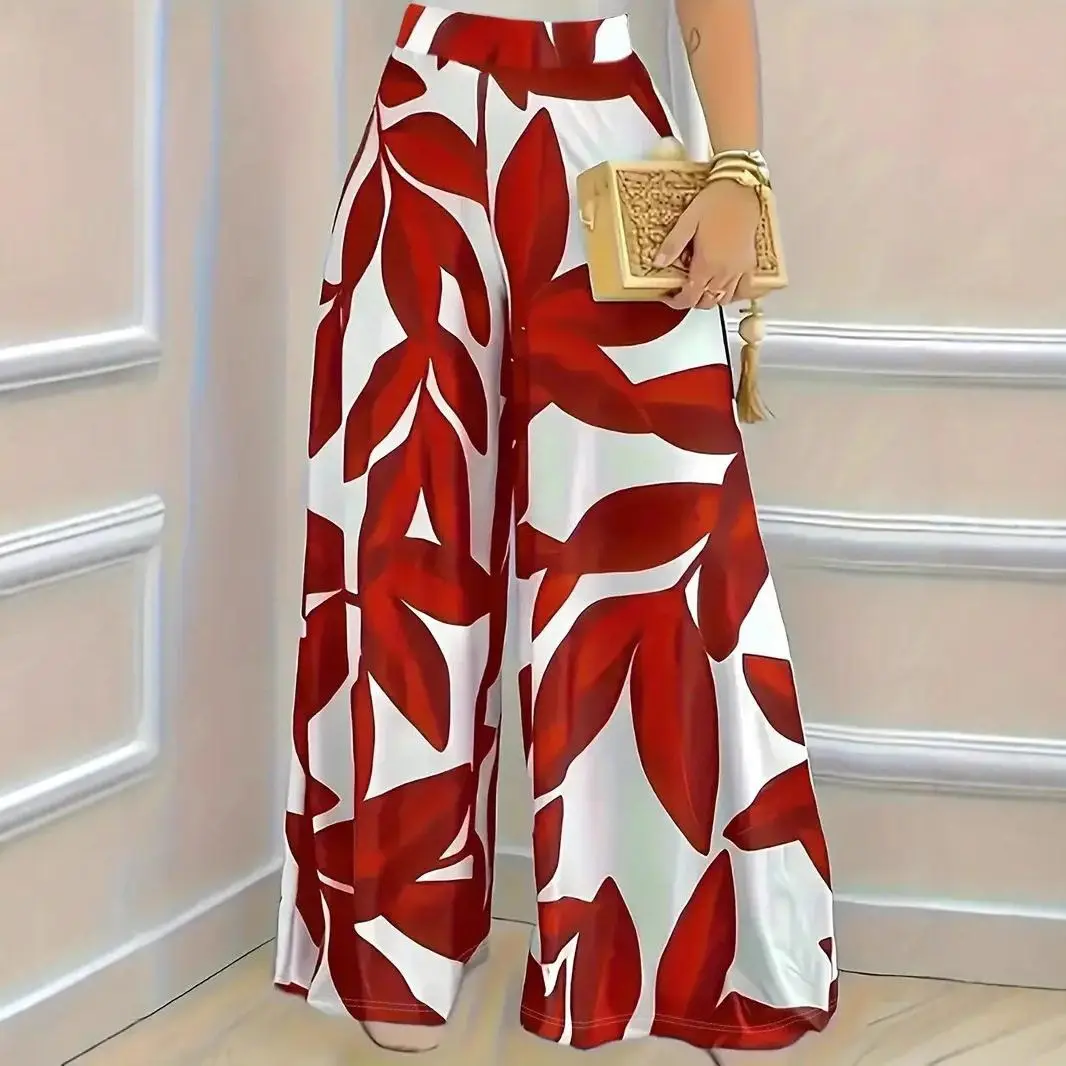 Fashionable Leaf Print High Waist Wide Leg Casual Pants Women's New 2025 Cross-Border Independent Station Style Polyester Fiber