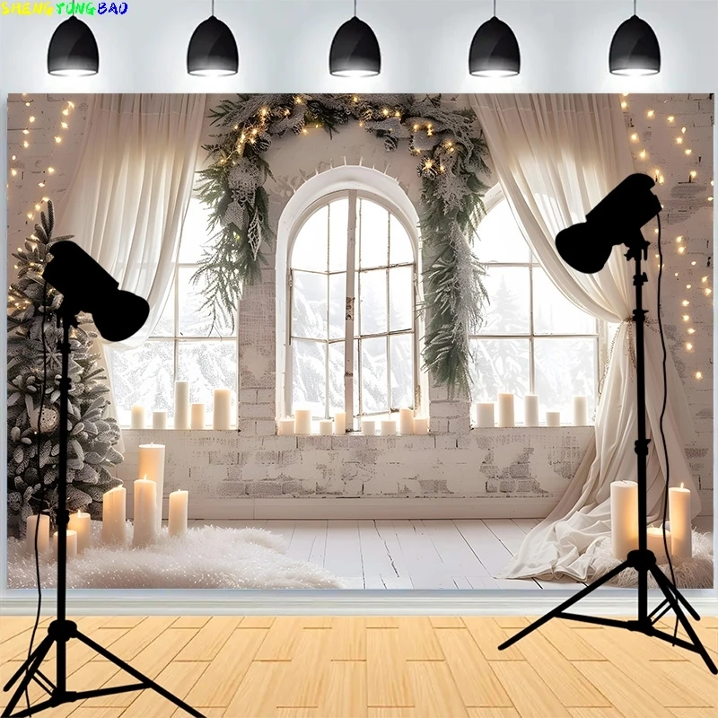 

Warmth Christmas Day Fireplace Photography Backdrops Window Living Room Wreach Happiness New Year Photo Studio Background XH-40