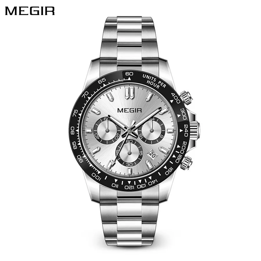 MEGIR Men\'s Luxury Quartz Watch Stainless Steel Sports Casual Wristwatch Auto Date Luminous Male Chronograph Big Dial Clock