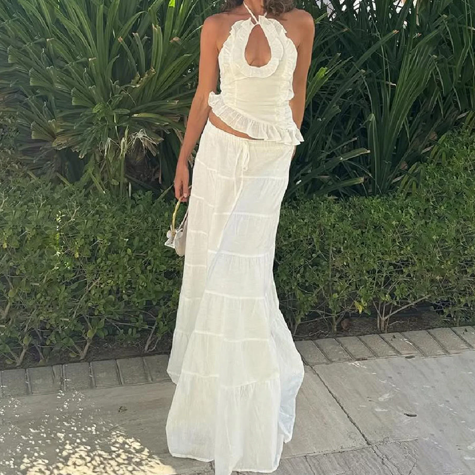 Women Maxi Skirt Set Y2k Ruffle Tie Back Sleeveless Backless Halter Top Long Skirt Summer Vacation Beach 2 Piece Outfits