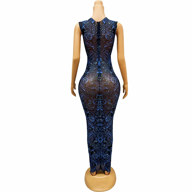 Sem mangas azul quente diamante fino ajuste vestido de festa festa cantor mostrar celebridade vestido desempenho roupas vestidos graduação mujer