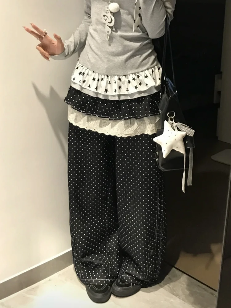 ReddaChic Women Layering Skirt Black Jeans Retro Two-Way Color Block Polka Dots Denim Wide Pants Y2k Trousers Trendy Streetwear