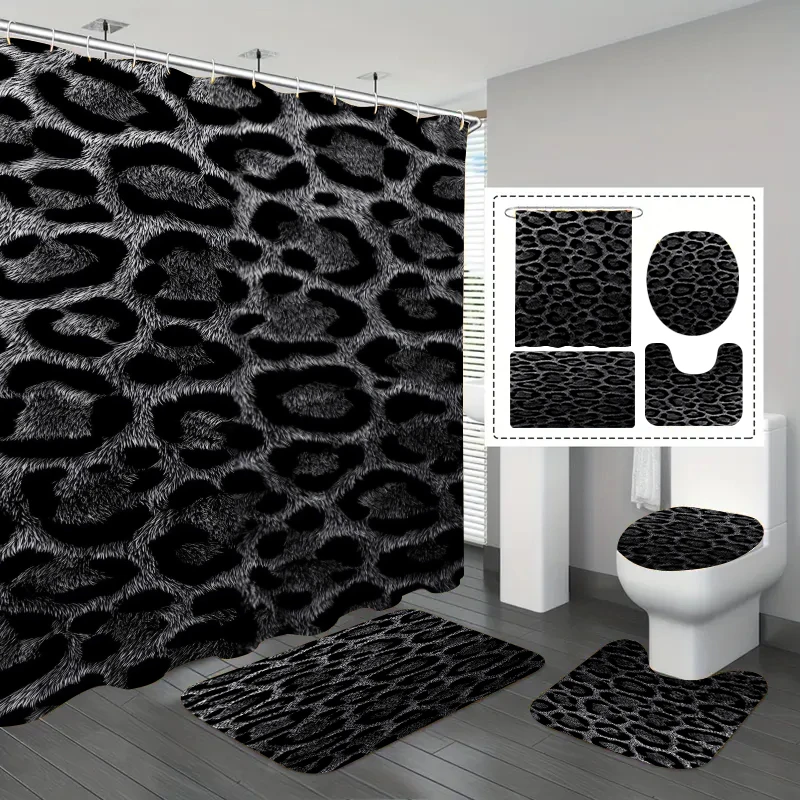 1/4-teiliges Kunstfell-Duschvorhang-Set mit schwarzem und grauem Leopardenmuster, wasserdicht und schimmelresistent, hochwertiges Badezimmer-Vierteil-Set