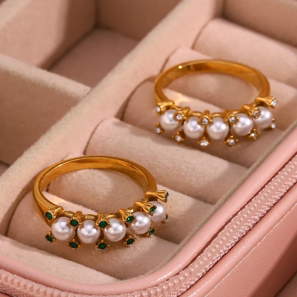 

Luxury Fresh Water Pearl Ring Gold Plated Pearl Rings Jewelry Women Stainless Steel Wedding Rings