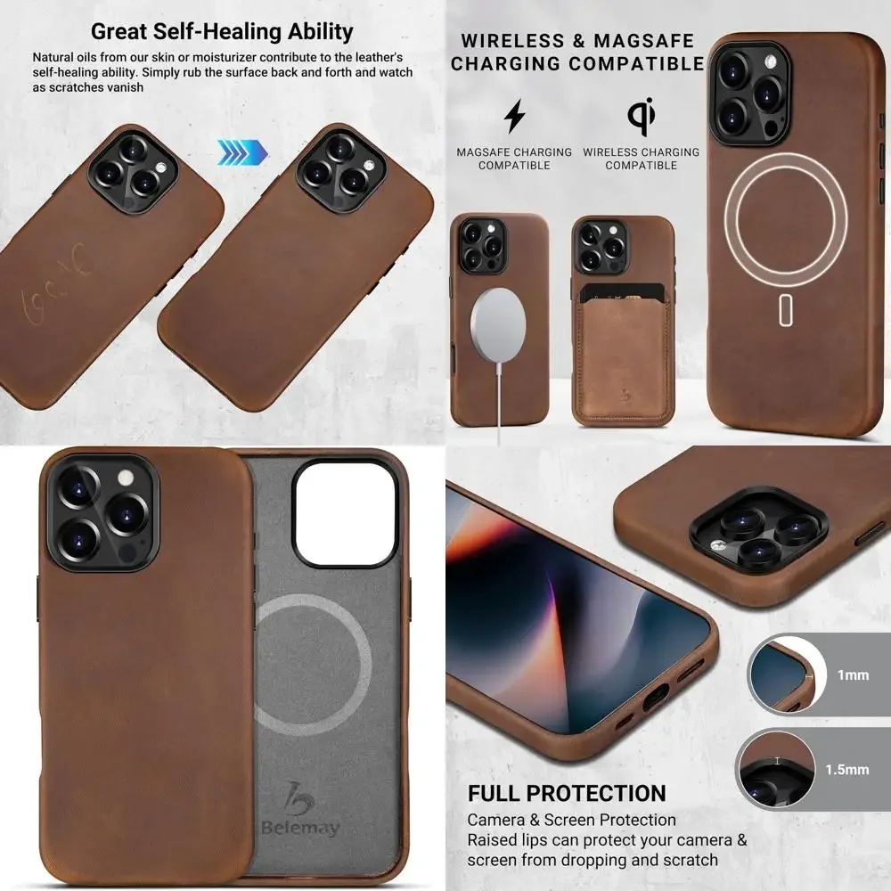 

Совместим с кожаным чехлом для iPhone 16 Pro, совместимым с Magsafe, кожа премиум-класса Crazy Horse [Vintage Aesthetic] Comfort Gri