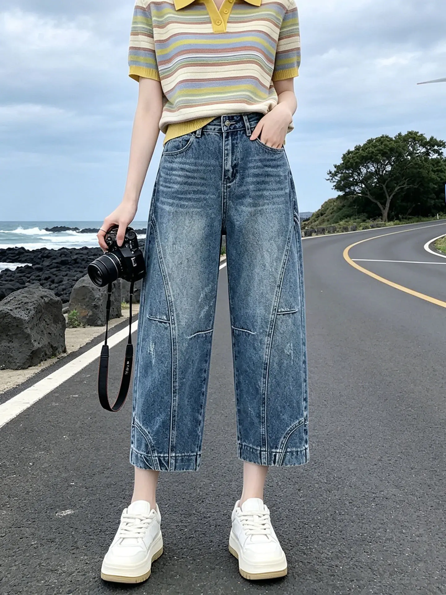 Retro High Waist Nine-Piece Wide Blade Jeans Women's Summer Thin Loose Slim Small Size Versatile Pants Straight Leg Jeans