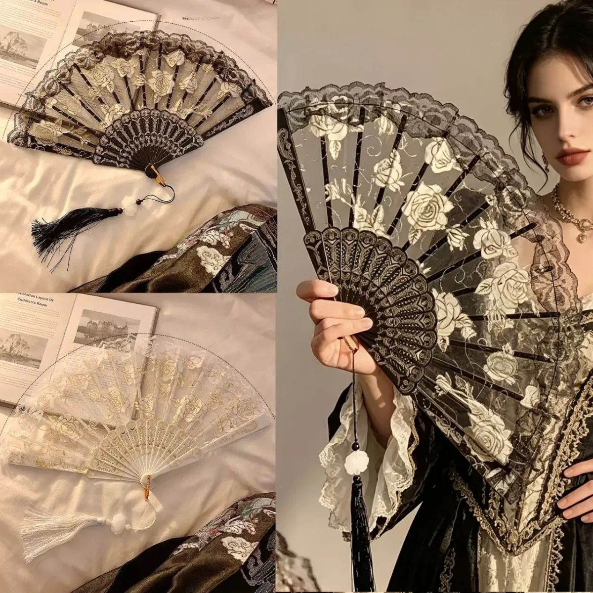 1 Set Black White Gauze Folding Fan with Rose Lace and Tassel Pendant, Elegant Photo Prop for Weddings, Parties and Events Decor