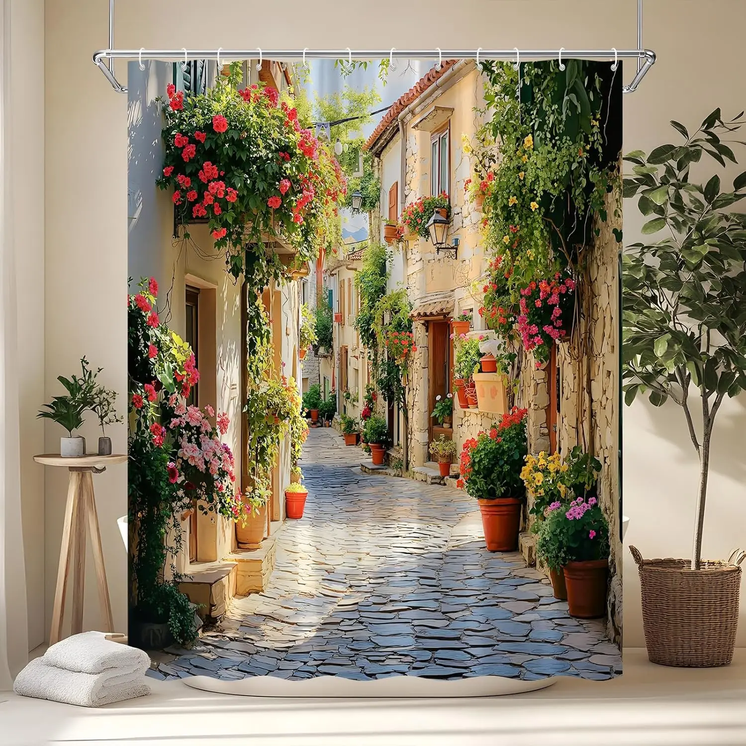Italian Landscape Shower Curtain Tuscany Town Country Floral Plant Natural European Italy Street Rustic Garden Green Vine