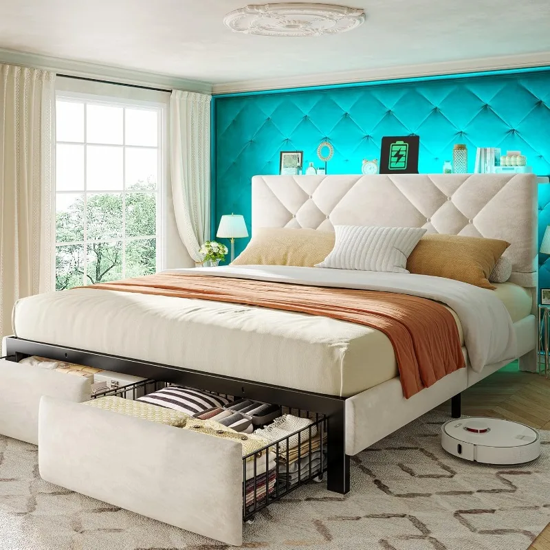 Estructura de cama tamaño King con 2 cajones de almacenamiento y cabecera, estructura de cama con plataforma de terciopelo con luces LED y estación de carga