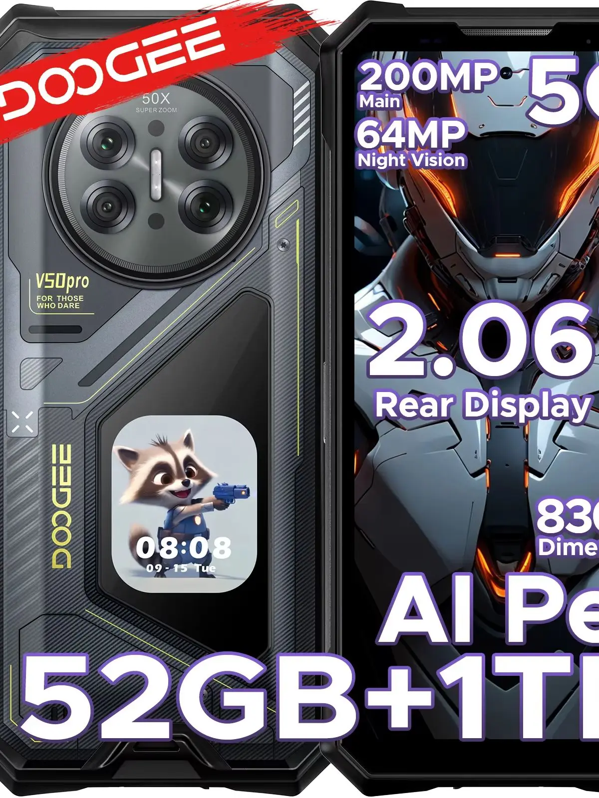 DOOGEE V50 Pro 5G AI Wytrzymały telefon komórkowy 6,78 cala Dimensity 8300 52GB RAM (16+36) 1TB ROM z wielofunkcyjnym wyświetlaczem tylnym AMOLED 2,06 cala, aparat 200MP, aparat noktowizyjny 64MP, — 2