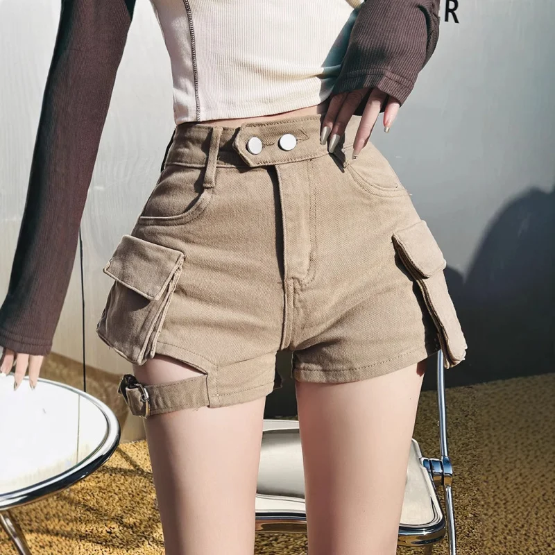 

Женские джинсовые шорты цвета хаки 2025 года, с высокой талией и ремешками, для невысоких, подходят для повседневной носки
