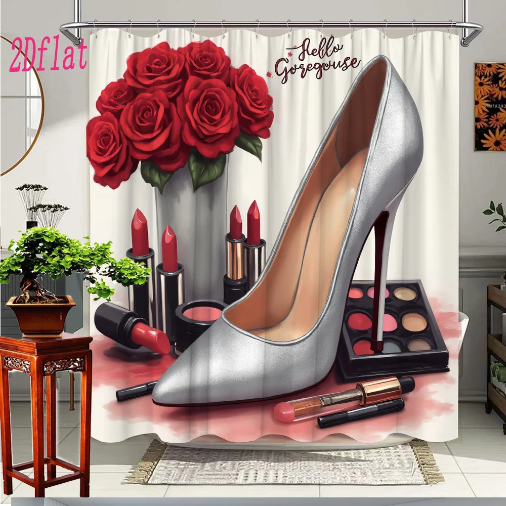 Hello Gorgeous Glamour Shower Curtain Red Roses High Heels Makeup Vanity Bathroom Decor