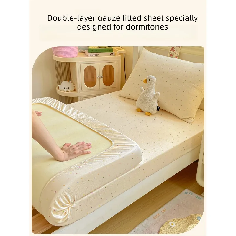 Korean Style Crinkle Double Gauze Soft Skin‑Friendly Mattress Protector Cover Elastic Bed Sheet for Dorm Student Single Bed