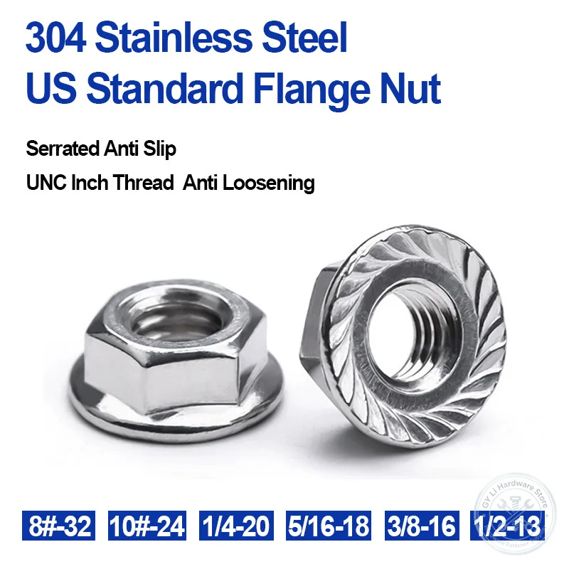 8#-32 10#-24 1/4-20 5/16-18 3/8-16 1/2-13 US Standard UNC Serrated Hex Flange Nut A2 304 Stainless Steel Anti Loosening Nut