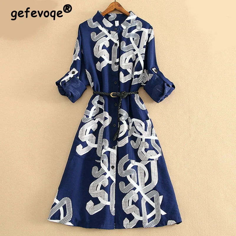 

Casual Fashion Print Belt Shirt Dresses Summer 2023 New Polo-Neck Long Sleeve Tunic Oversized Chiffon Midi Dress Female Clothing